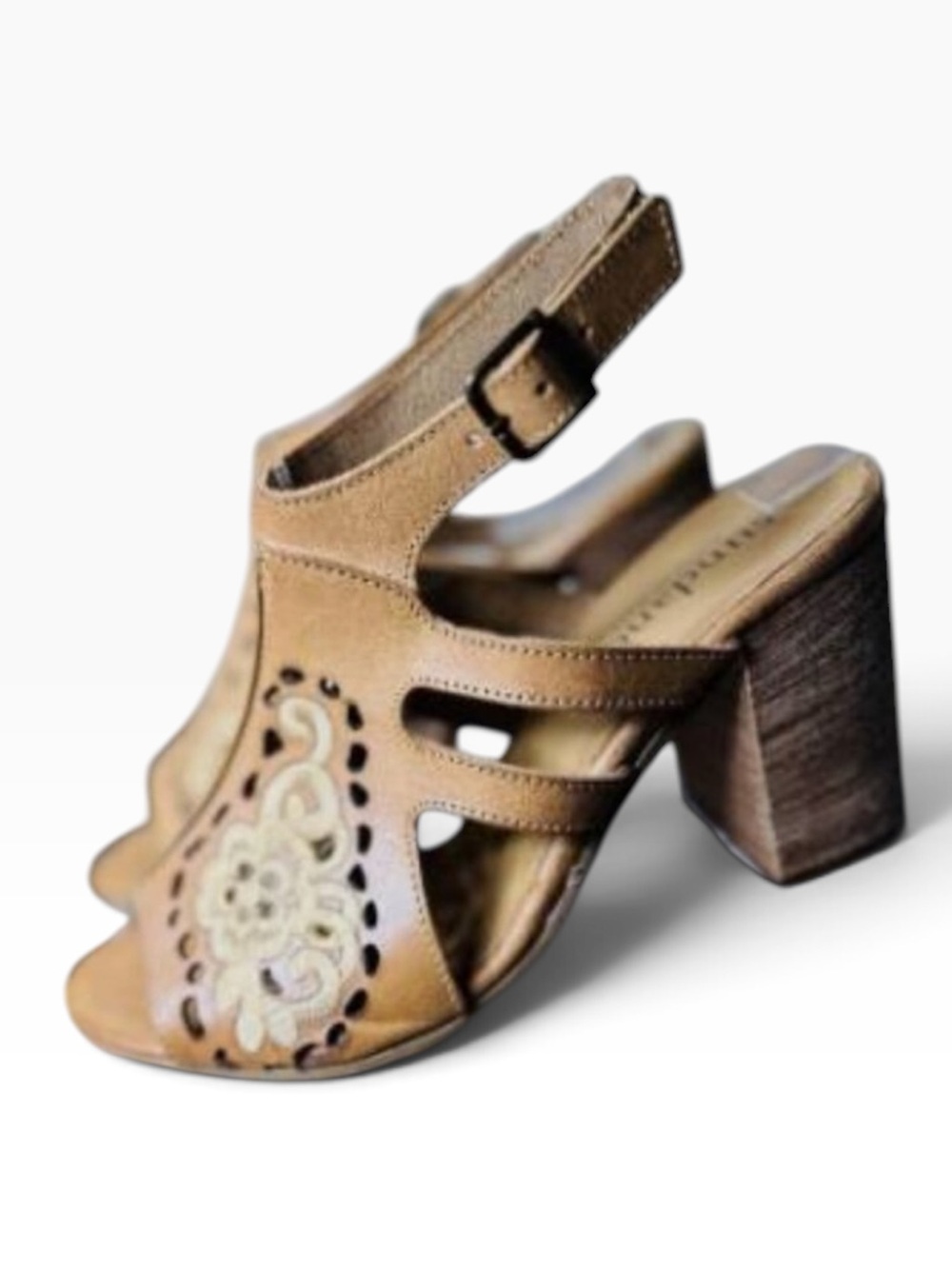 Sundance Leather Embroidered Slingback Stacked Chunky Heels size 39